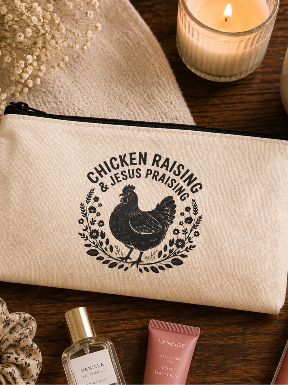 Chicken Raising Canvas Cosmetic Bag - Beige with Black Print